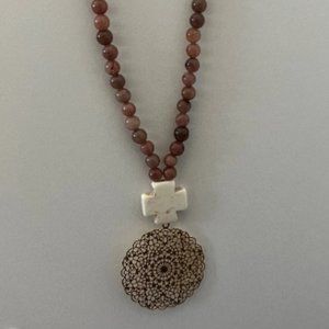 Brown Tan Glass Beaded Necklace with Cross Pendant